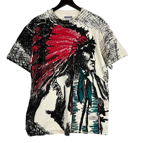 Vintage 1992 AOP Native Indian Single Stitch TShirt Rocky Mountain - Mens L - Picture 1 of 11